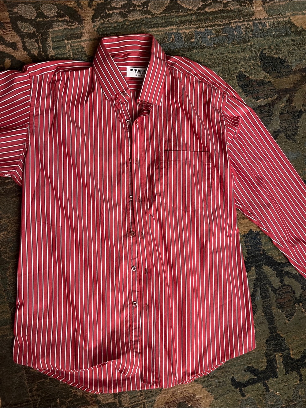 Burberry Red and White Vertical Stripe Button-Down Shirt